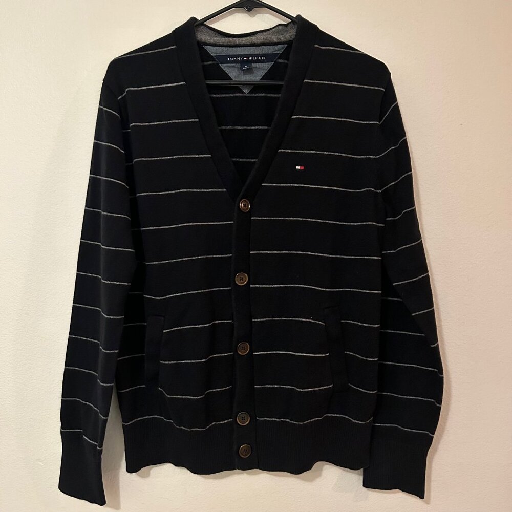 Tommy Hilfiger v-neck grandpa cardigan, navy blue, beige stripes, brown buttons